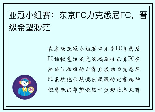 亚冠小组赛：东京FC力克悉尼FC，晋级希望渺茫