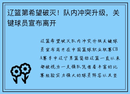 辽篮第希望破灭！队内冲突升级，关键球员宣布离开