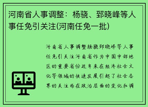 河南省人事调整：杨骁、郅晓峰等人事任免引关注(河南任免一批)