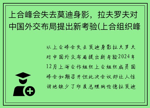 上合峰会失去莫迪身影，拉夫罗夫对中国外交布局提出新考验(上合组织峰会)